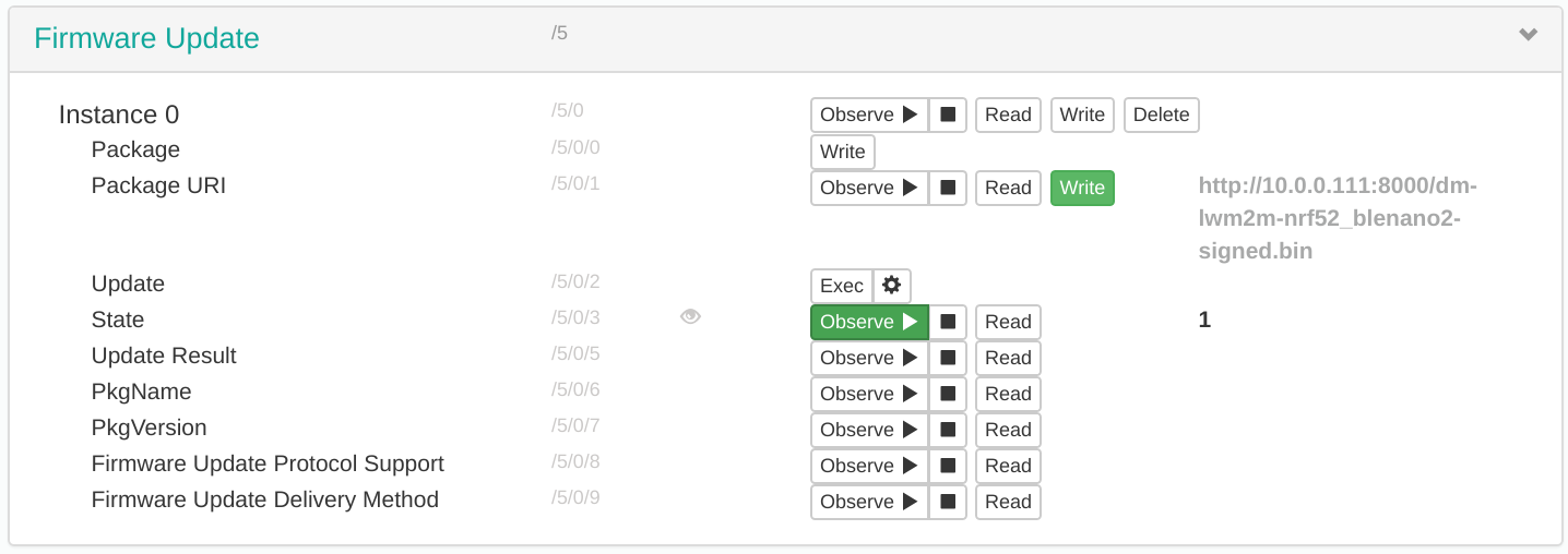 Leshan interface showing State value equal to 1