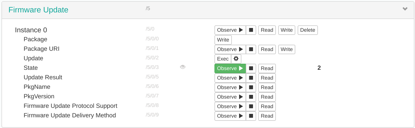 Leshan interface showing State value equal to 2